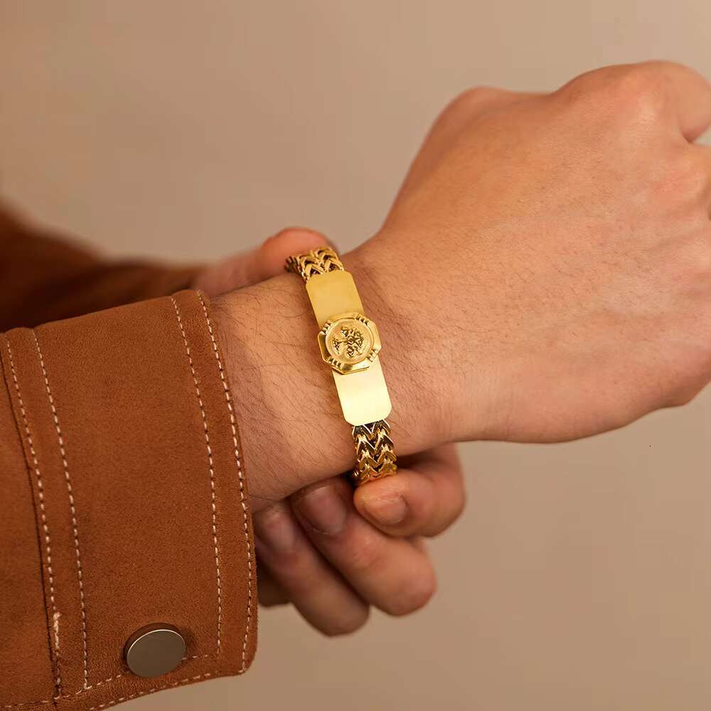 2024 New Personalized Gold Plated Stainless Steel Double Chain the Tree of Life Fashion Jewelry Cuban Link Chain Bracelet Men