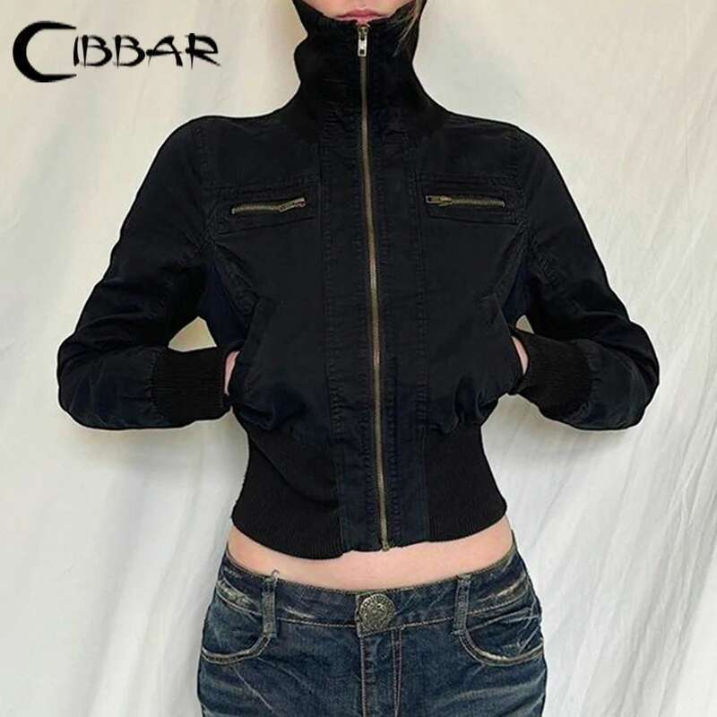 Designer Clothes CIBBAR Streetwear Black Zip Up Jacket Autumn Winter Turtleneck Full Sleeve Cropped Jackets For Women Y2k Vintage Ladies Outwear