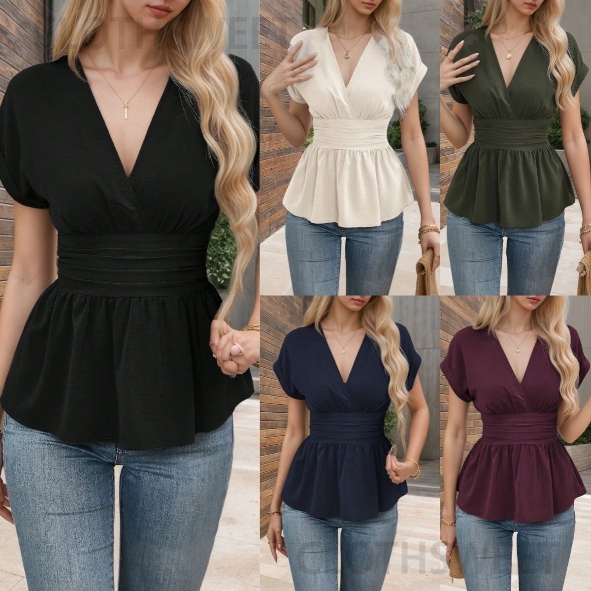 2025 new summer solid color V-neck pleated waist shirt top for women