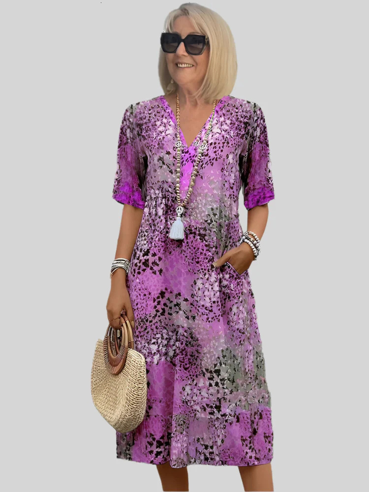 2025 Summer New Printed V-neck Leisure Vacation Pocket Dress for Women