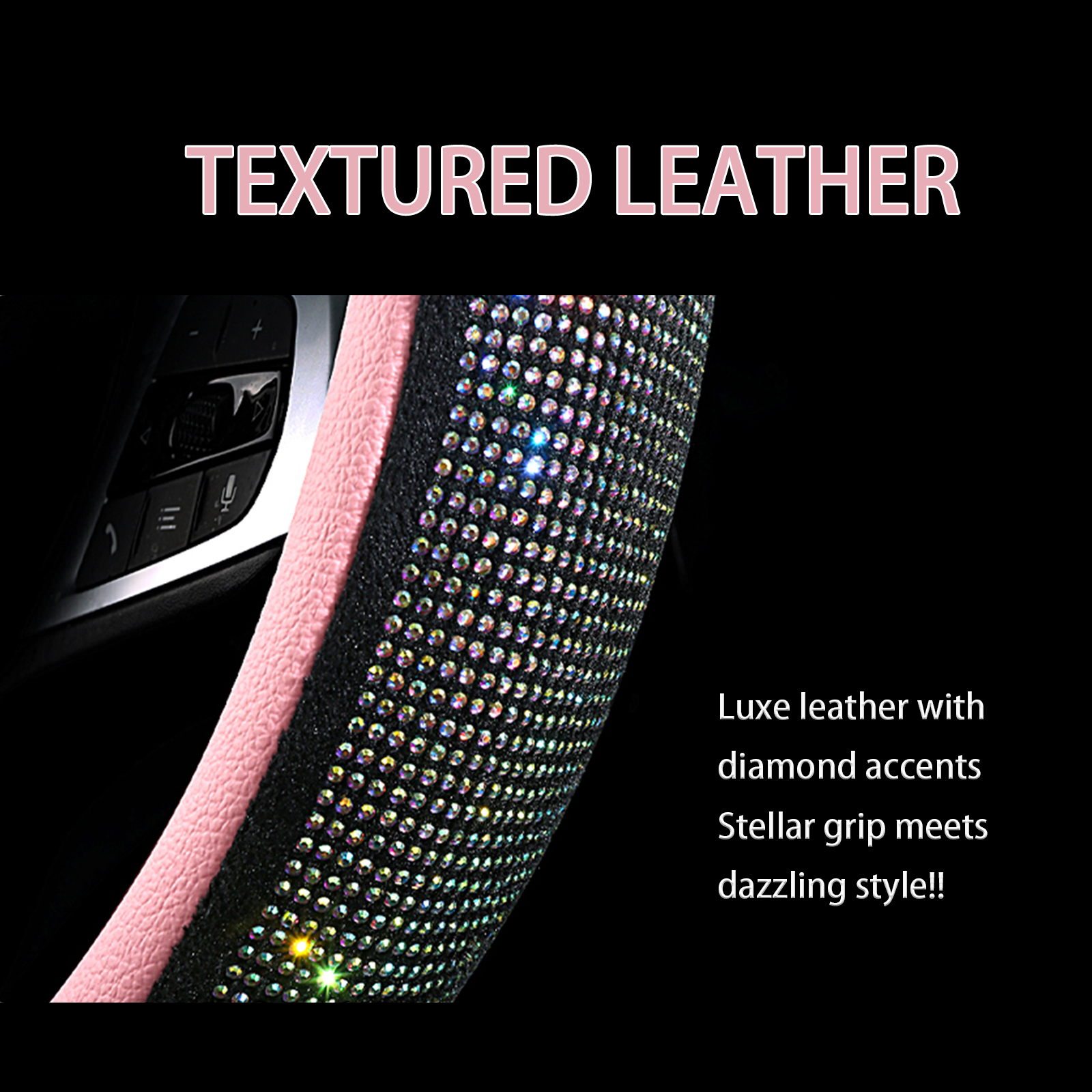 Leather Steering Wheel Cover for Women & Girls | 15inch/38cm Universal Anti-Slip Bling Wheel Protector | Crystal Rhinestone & Rainbow Diamond Decor | 
