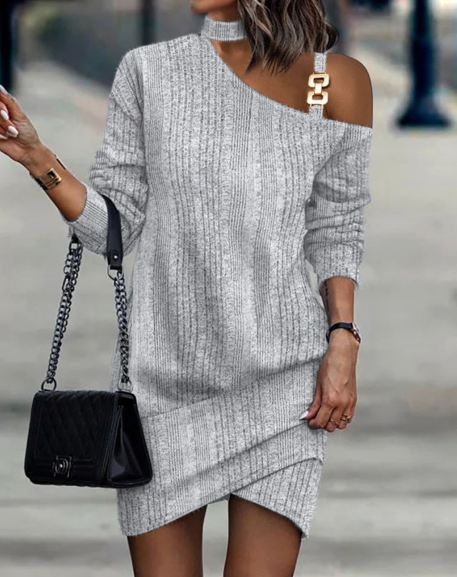 2023 Autumn/Winter Long Sleeve Chain Neck Solid Color Button Dress for Women