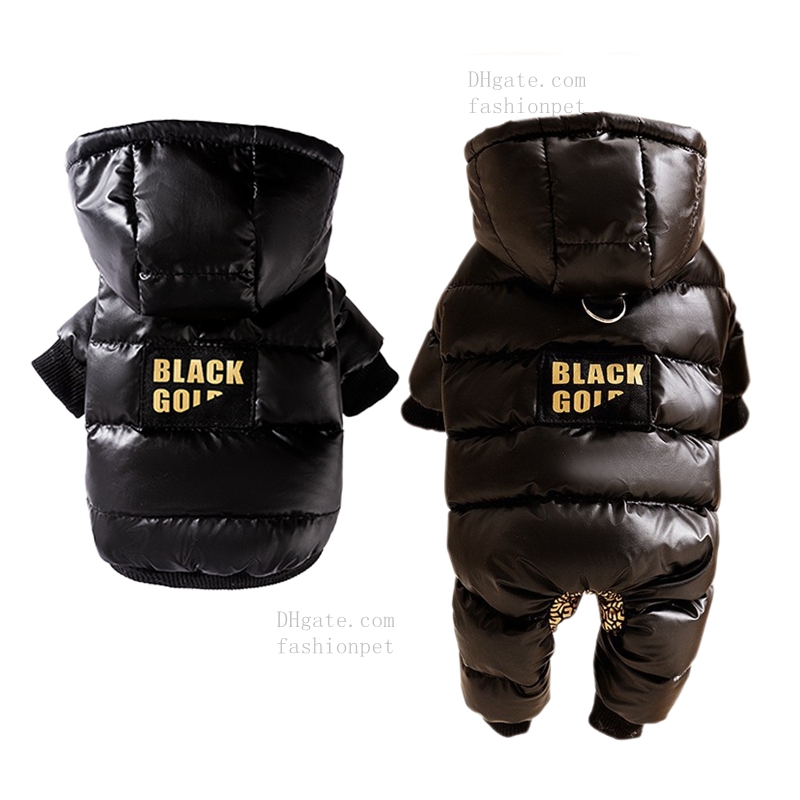 Black Gold Graphene Pet Down Jacket with Gold Print, Dirt-Resistant Warm Dog Coat with Hood, Leash Ring Design, High-End Fashionable Insulated Apparel