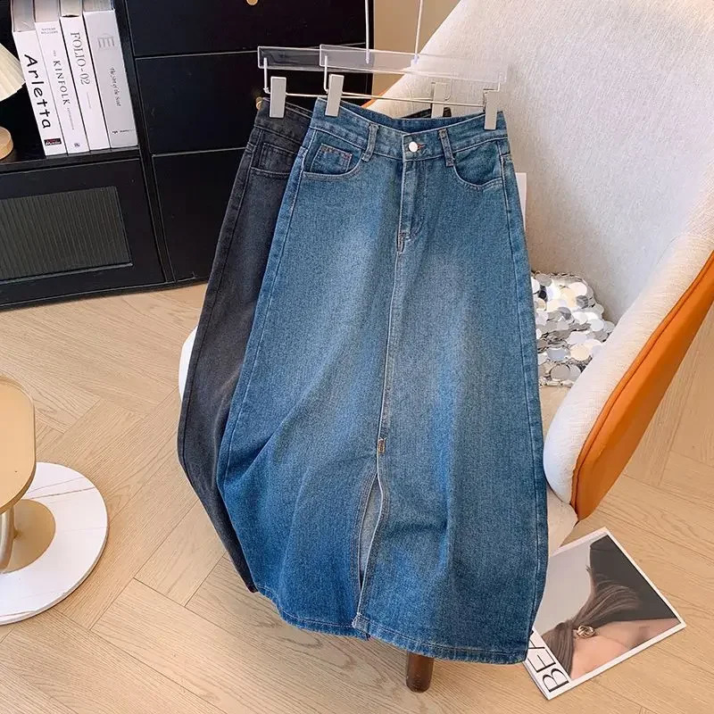 2024 Summer High Waist Weight Loss Loose ALine Bodycon Skiing Womens Side Seam Denim Medium Length 250417