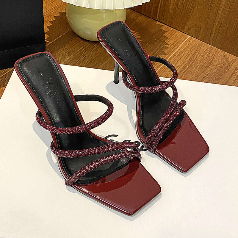Woman Sandals Diamond High End Wine Red High Heeled Shoes Pointed Back And Sexy Slender Heels Women S Straight Toe Sandals With Exposed Toes
