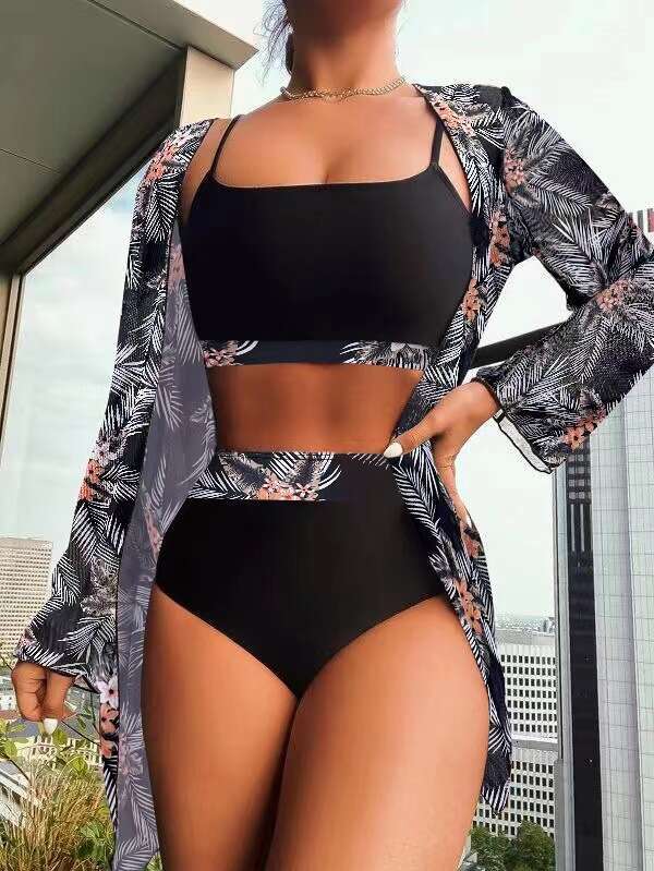 Triangl Bikini 2025 New Ethnic Maple Leaf Conservative Printed Long Sleeve Splicing Style Three Piece Swimming Set New Product New Arrival