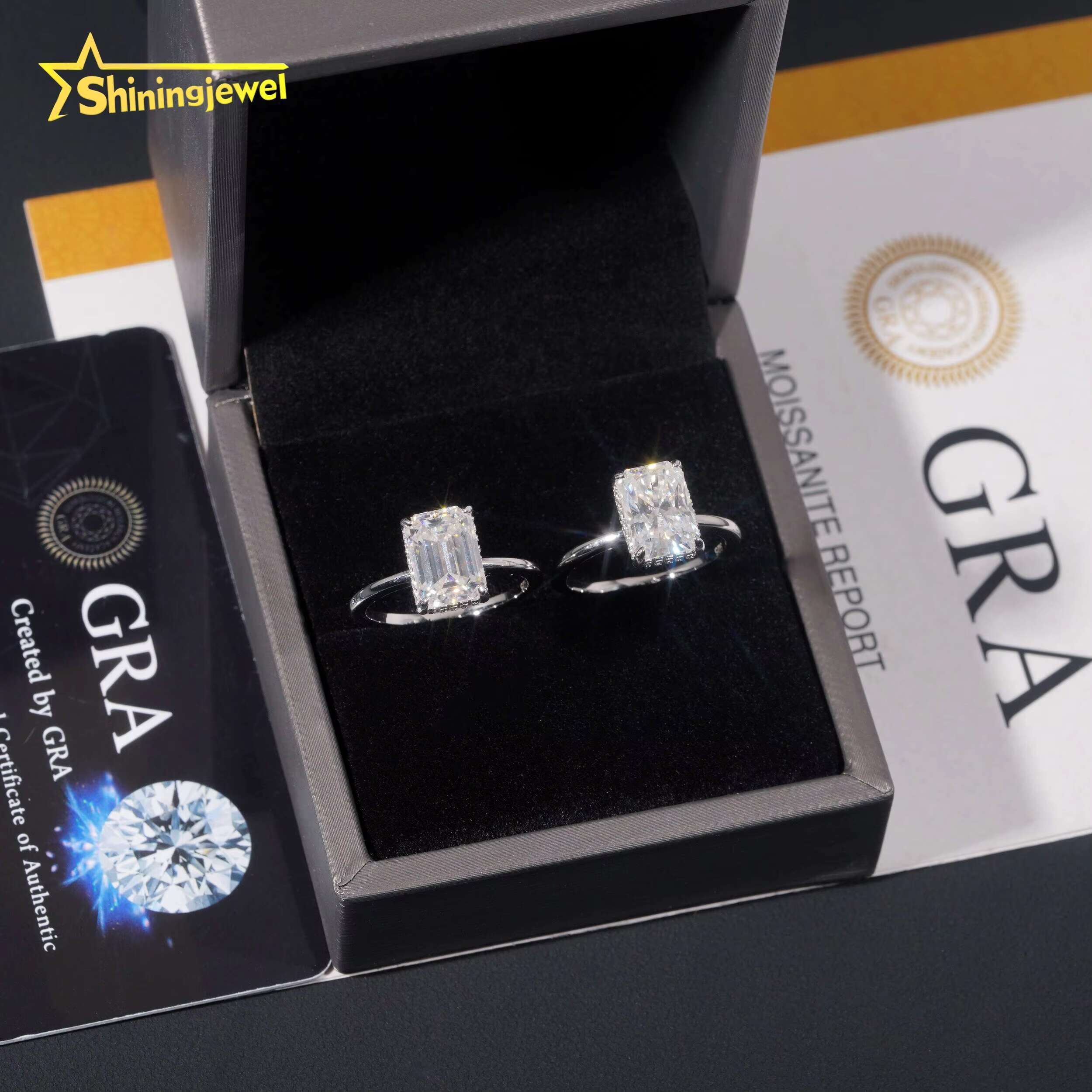 Fast Shipping Gold Plated Emerald Cut Wedding Ring Moissanite VVS Pass Diamond Test 925 Sliver Halo Setting Engagement Ring