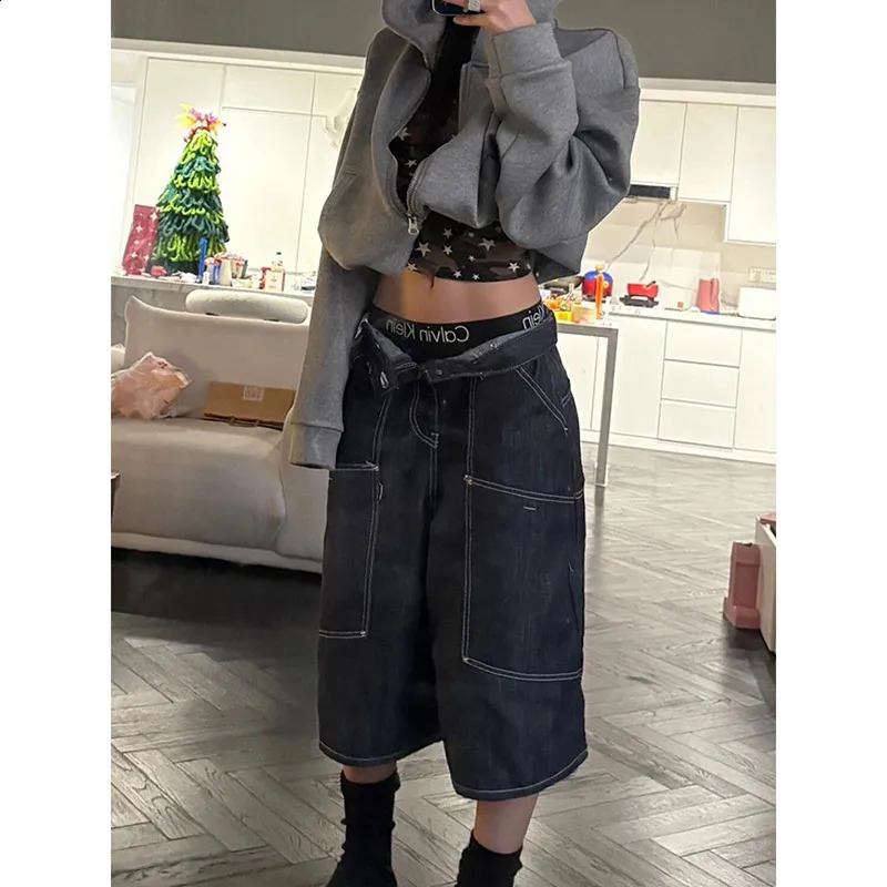 Womens dark denim shorts high waisted jeans 2000s vintage Y2K Harajuku summer clothing 250417