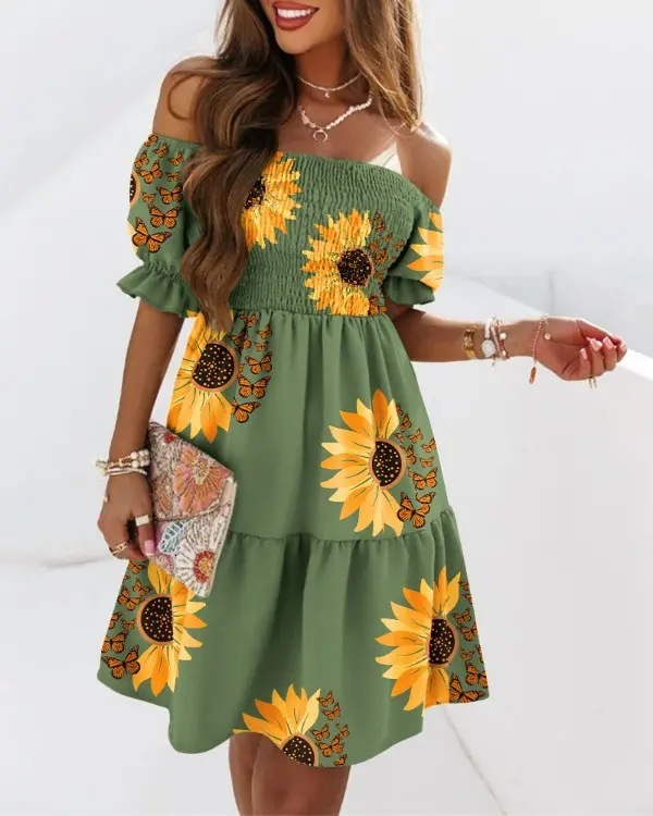 New Short Sleeve One Piece Collar Waist Fold Printed Dress Fashionable and Fresh