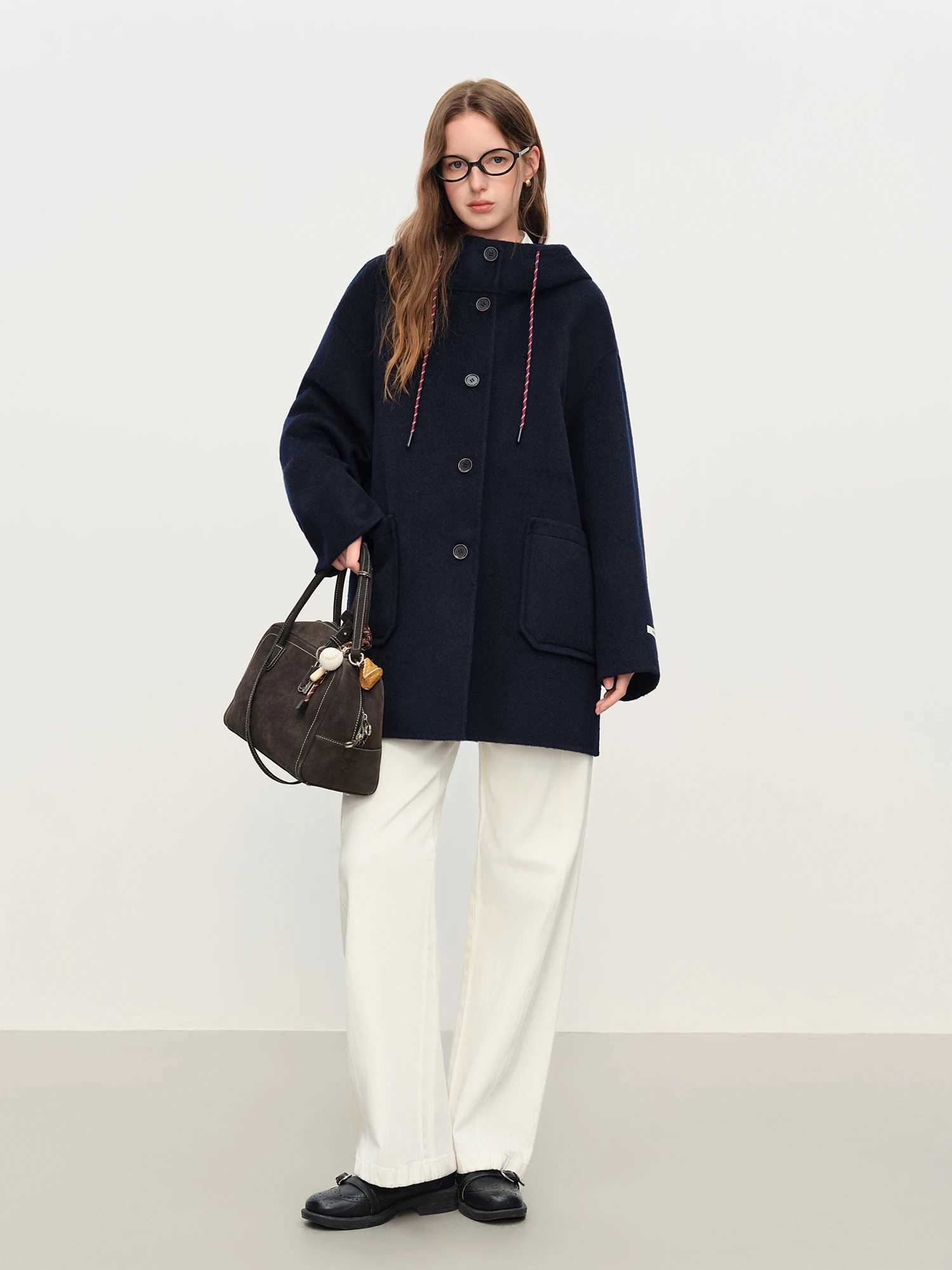 FSLE College Style Age-reducing Hooded Double-faced Wool Coat for Women Mid-length Wool Coat Pockets Gray Girlish J251124