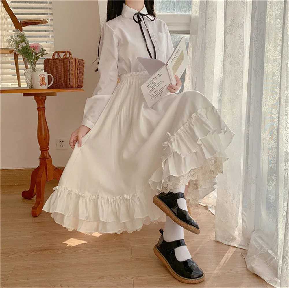 Japanese solid color double-layer retro French pleated A-line pleated skiing Hepburn black half skirt womens white long skirt M250424