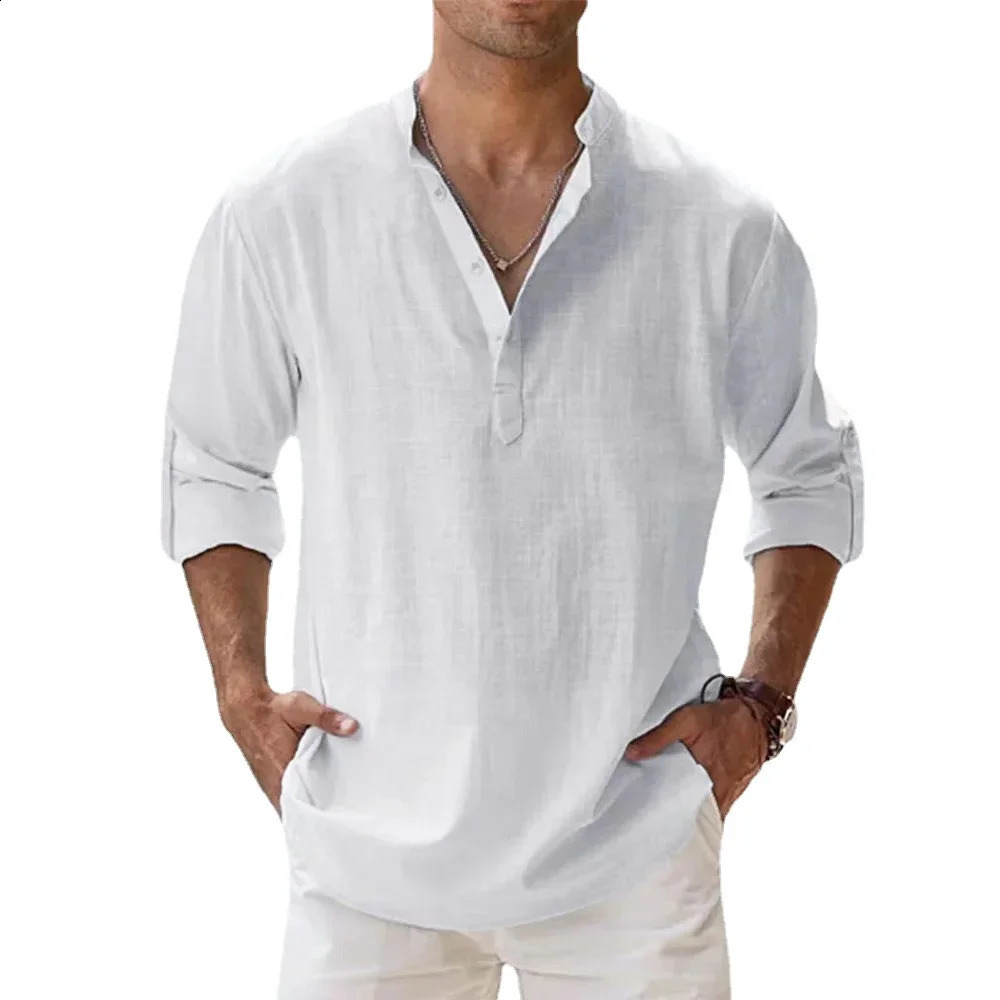 Cotton and linen selling mens short sleeved summer solid color Henry collar casual beach style Hawaii vacation 250420