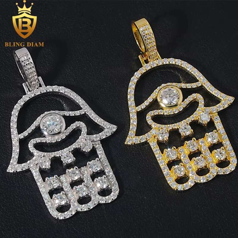 New Custom Hamsa Hand Pendant Hip Hop Jewelry VVS Moissanite 925 Silver Charm Pendant Pass Diamond Tester