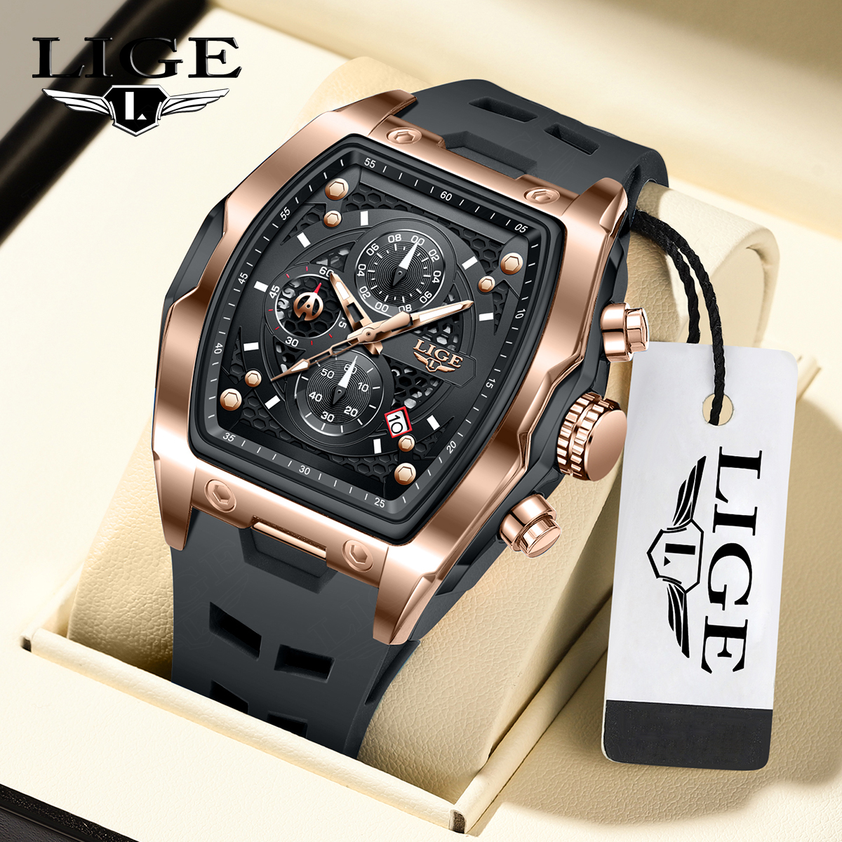 LIGE new watch sports style wine barrel men's watch curved mirror hollowed out men's quartz watch multifunctional calendar night light watch