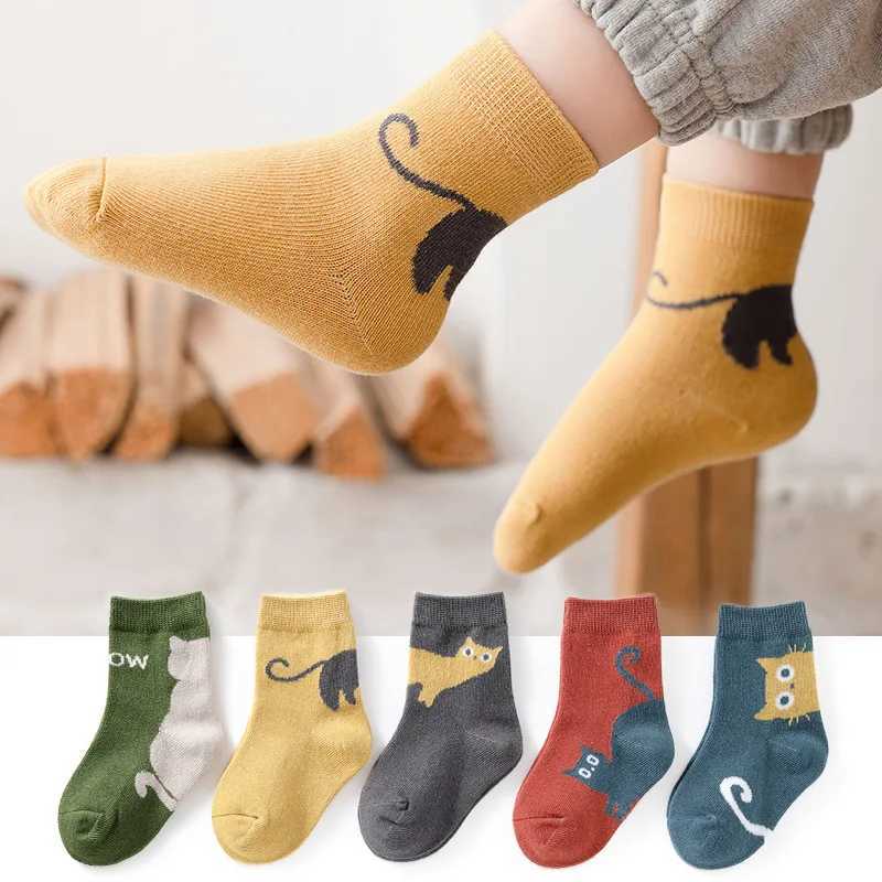 5 Pairs Kids SOCKS Autumn Winter Middle Tube Sock Cat Pattern Comfortable Breathable CHIldren SOCKS For Boys Girls G251124