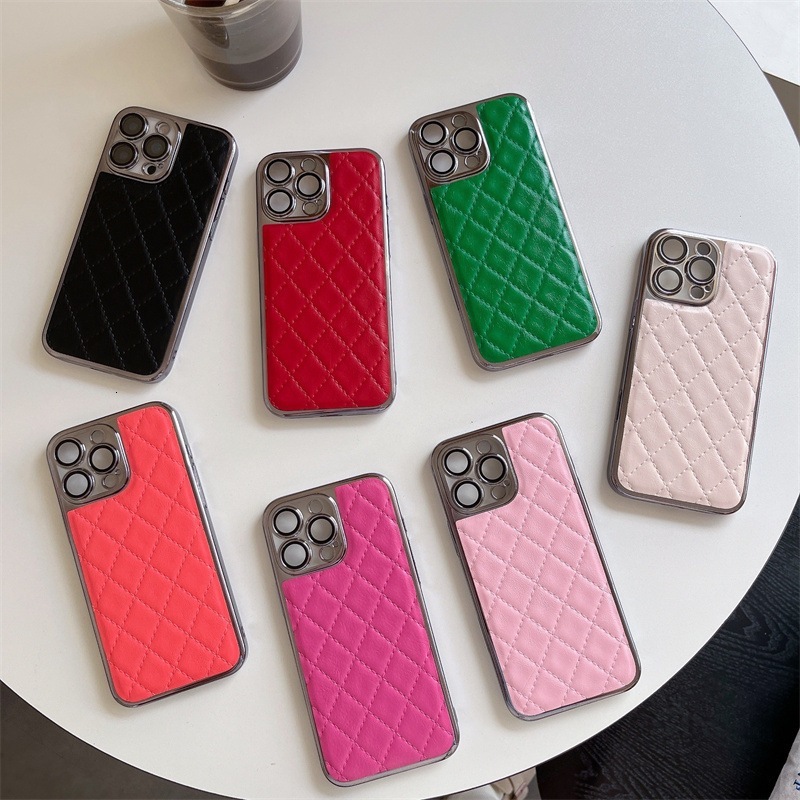 Electroplated Edge Diamond Grid Phone Case Compatible with iPhone 17 Pro Max Solid Color Faux Leather Case iPhone 16/15