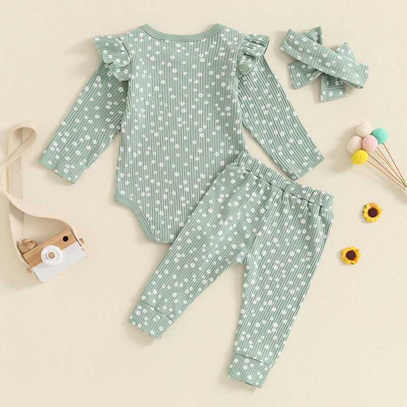 Clothing Sets 2024-05-22 Lioraitiin Baby Girl Fall Outfit Floral Long Sleeve Ribbed Romper Elastic Waist Pants with Bow Headband 3 Piece Set R250424