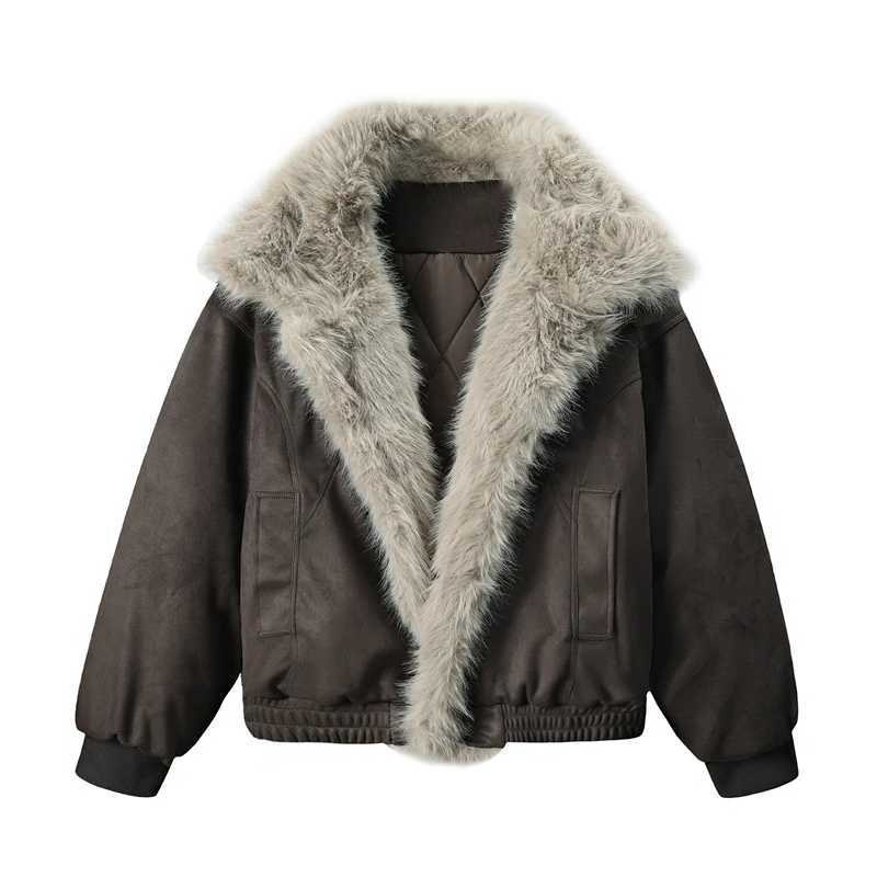 American Retro Mountain Carving Imitation Fur All-In-One Short Thickened Warm Lapel Cotton Jacket J251124