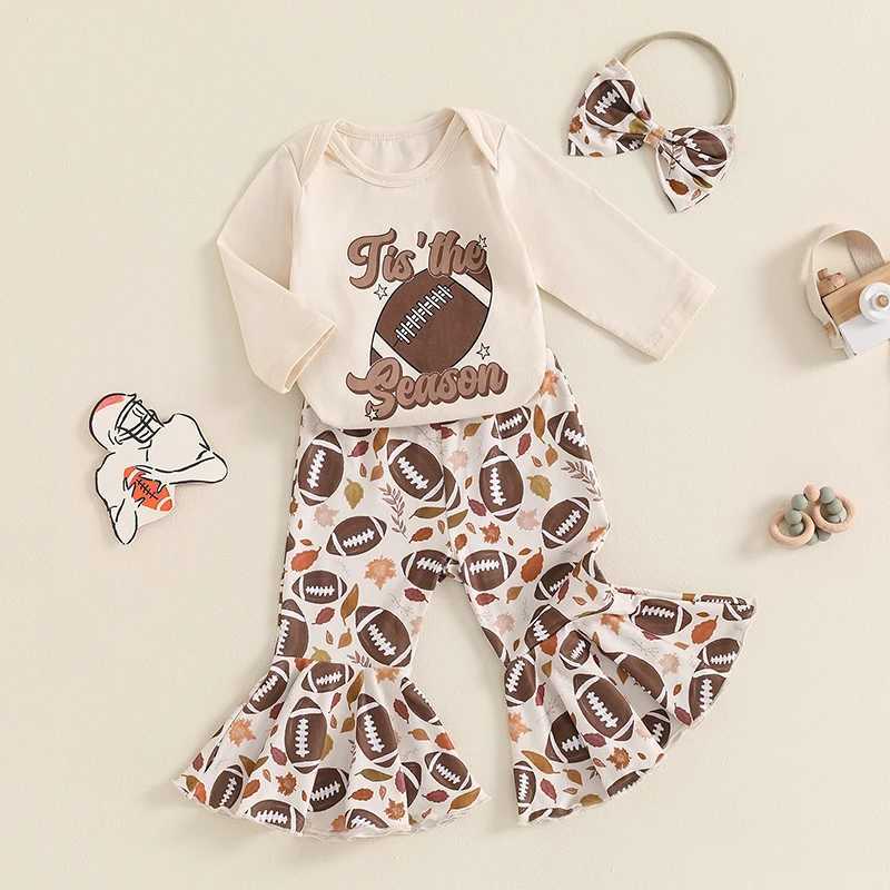 Clothing Sets 2024-05-31 Lioraitiin Baby Girls Fall Outfits Rugby Print Long Sleeves Romper and Elastic Flared Pants Headband 3 Piece Set R250424