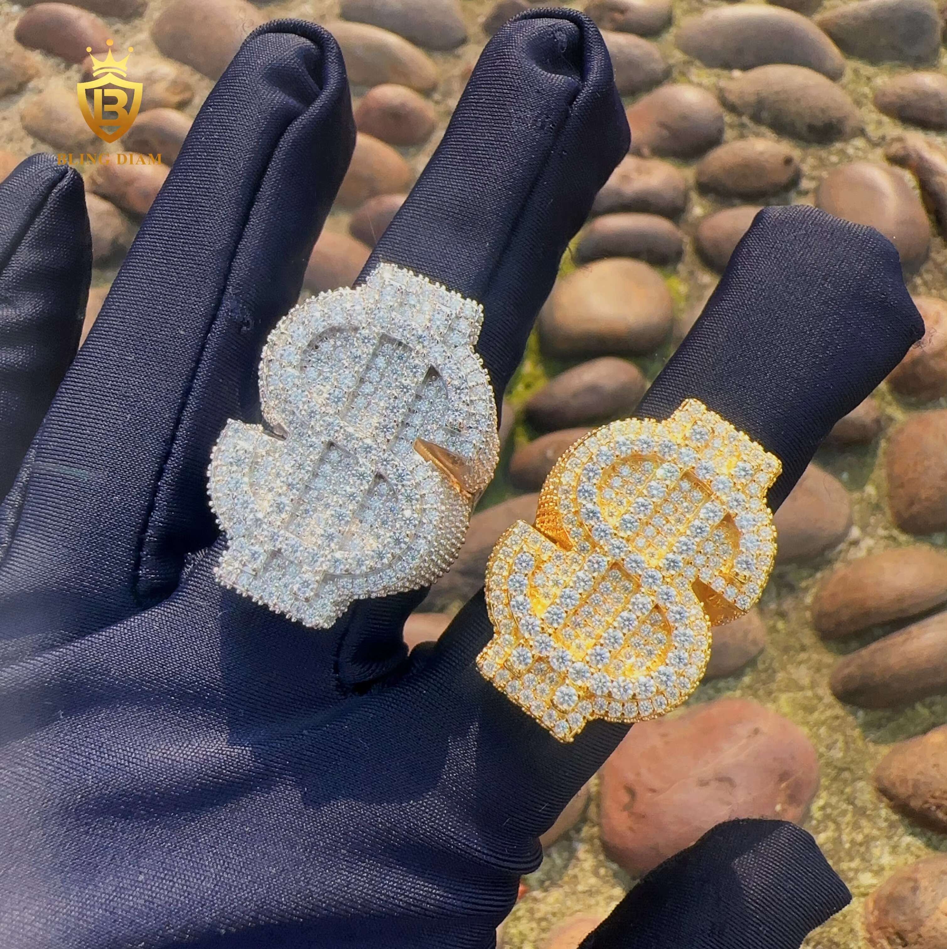 D Color VVS Moissanite Custom Hip Hop Dollar Ring 925 Sterling Sliver Iced Out Wax Setting Moissanite Rings