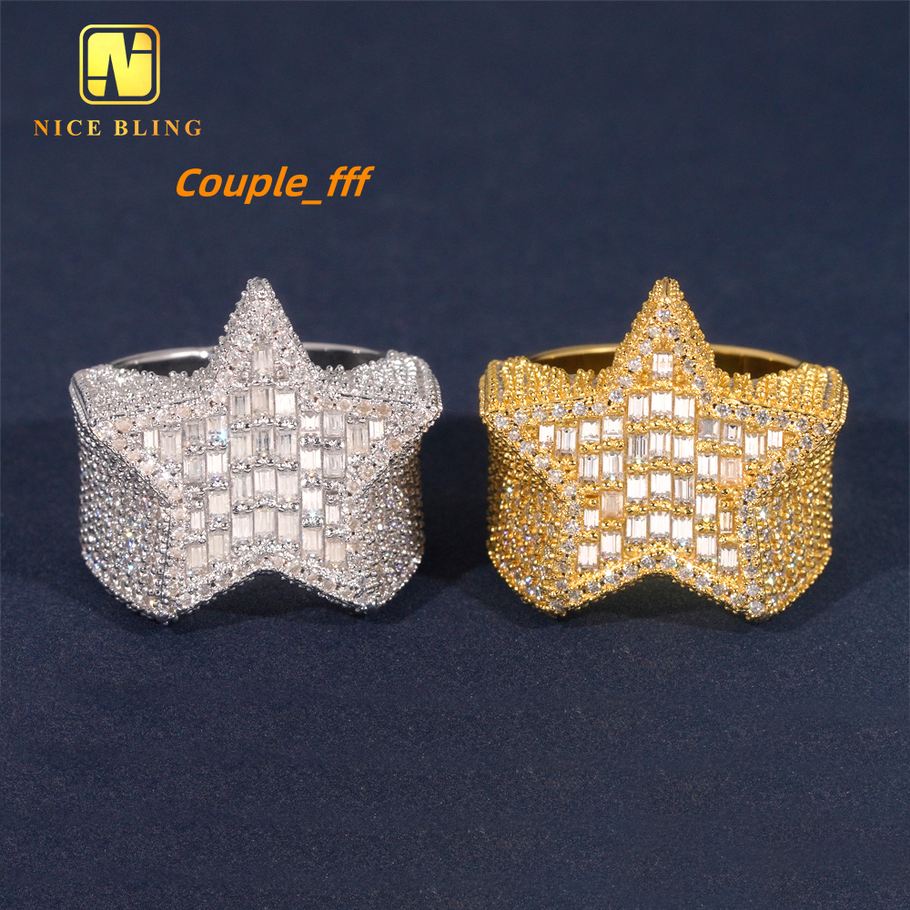 Shining Jewelry Baguette Moissanite Diamond Engagement Ring Men Hip Hop Jewelry 925 Silver Star Shaped Ring for Men