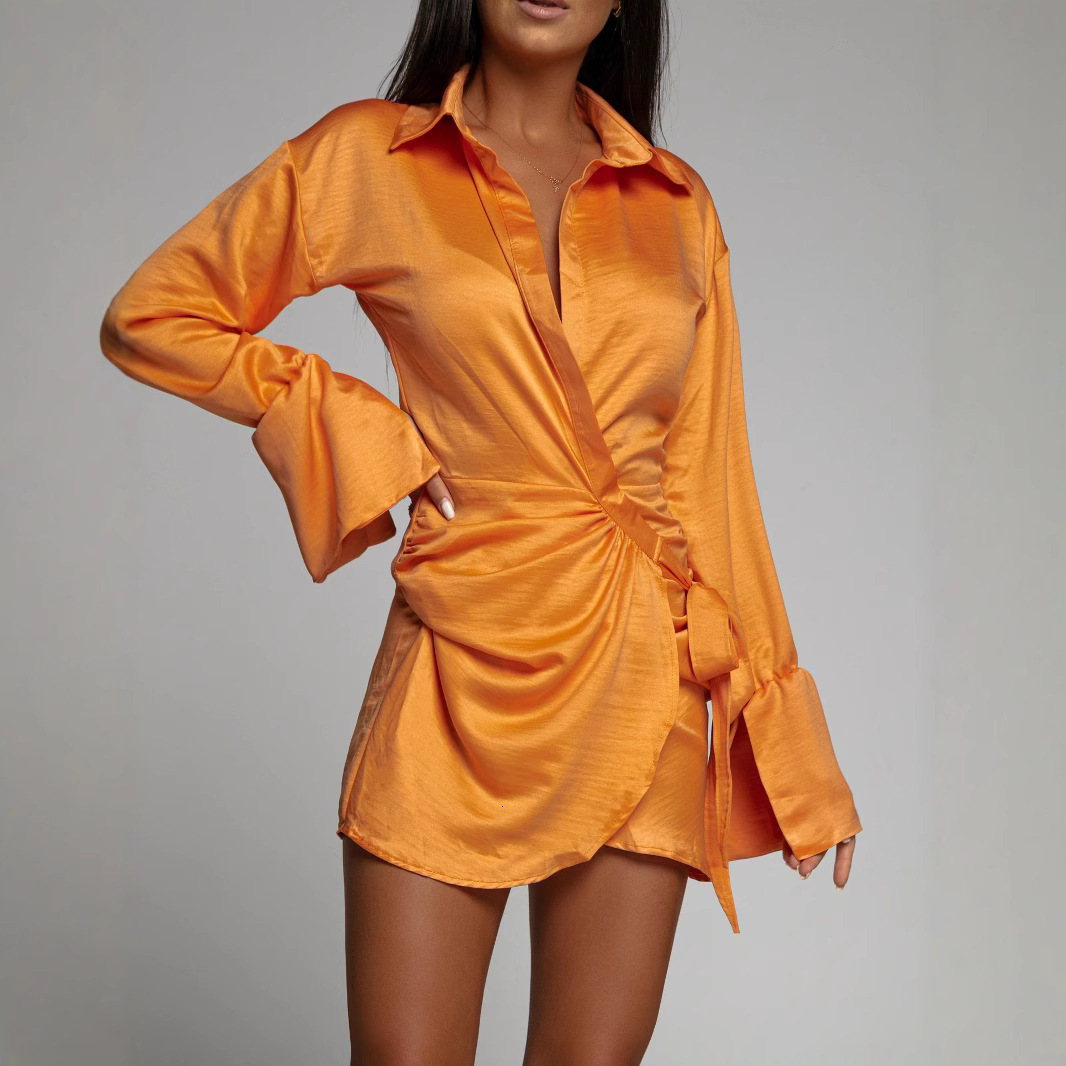 2022 Autumn Fashion Long Sleeve Solid V-Neck Shirt Dress for Women
