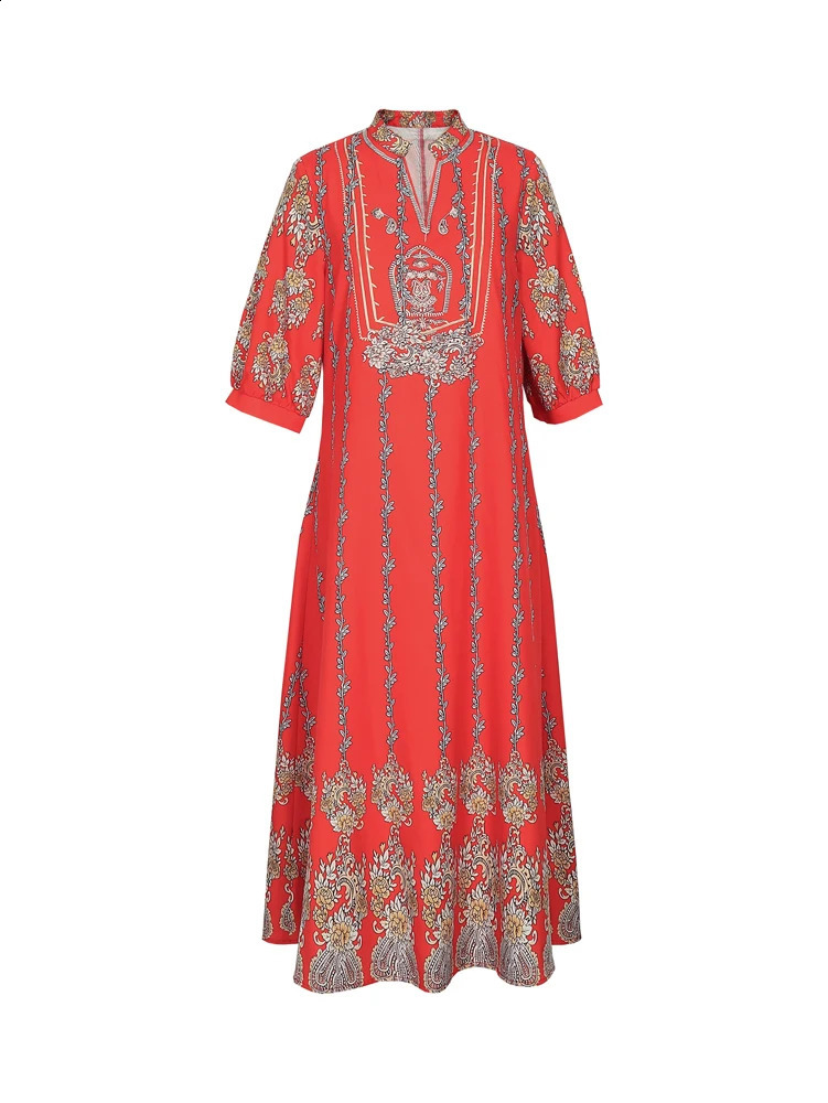 2025 Womens Casual Floral Printed V-Neck Dress Irregular Tone Casual Round Neck Long Dress Polyester 250423