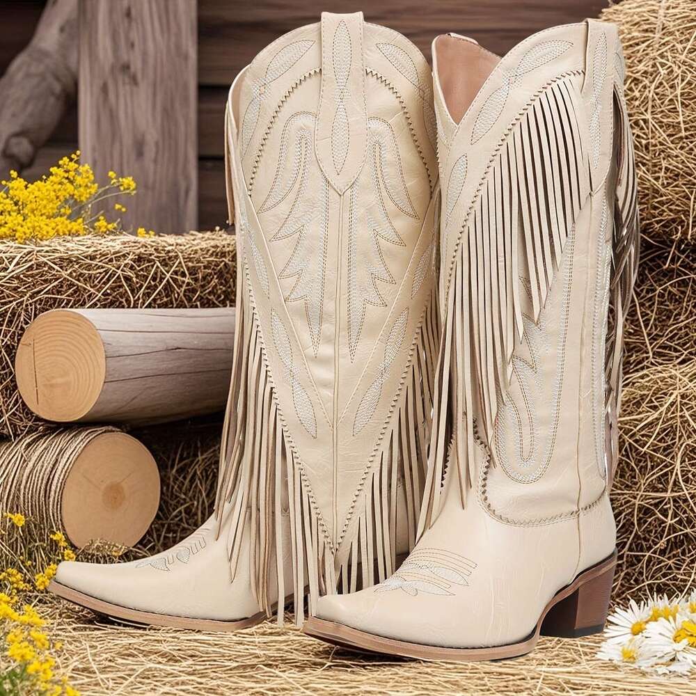 Womens Fashionable Tassel Western Embroidered Chunky Heel Knee High Shoes Comfortable Wild Calf Slip On Riding Boots