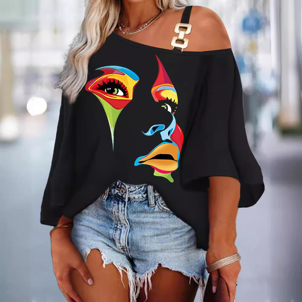 2023 New Autumn Fashion Splicing Loose Casual Top Womens Printed T-shirt