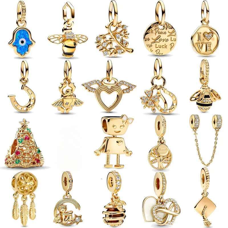 New 14k Gold Plated Bee Blue Eyes Charms 925 Silver Beads Fit Original Bracelets Bangles Women Jewelry Gifts DIY