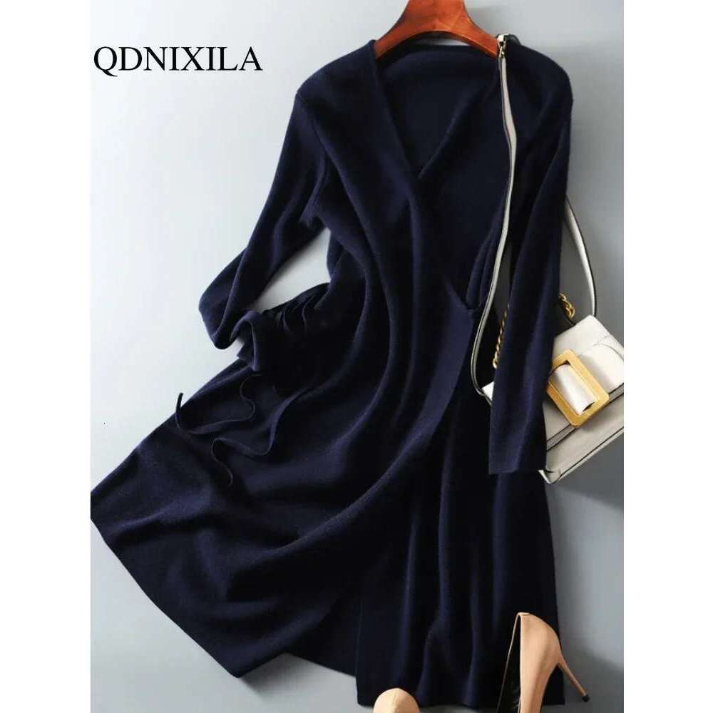 Autumn Winter Sweater Womens Dresses V-Neck Wrap Up Dress For Women Woman Clothing Korean Version Loose Elegant Knitted Skirt