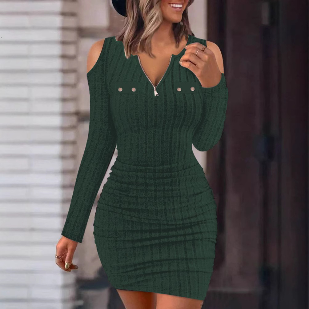 2023 Autumn/Winter New Solid Color Zipper V-neck Tight Bag Hip Slimming Sexy Long Sleeve Dress for Women