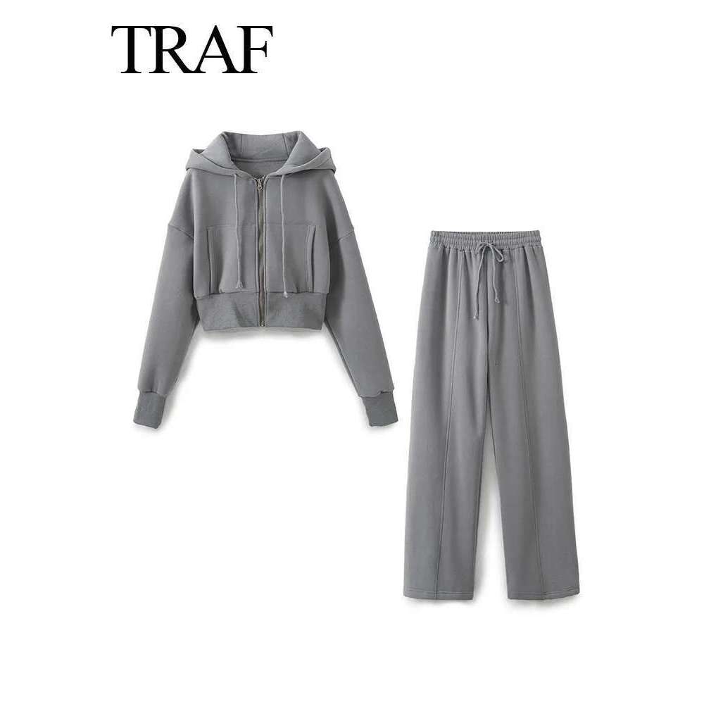 Designer Clothes TRAFZA Spring Female Casual Hoodies Zipper Coats+Elastic Waist Baggy 2 Pieces Set Elegant Loose Solid Pink Grey Pants