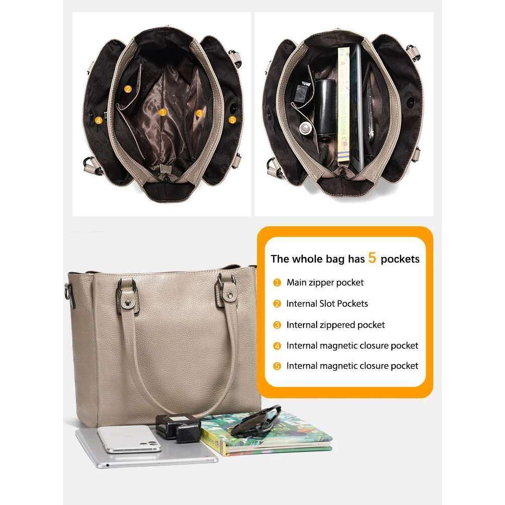 Designer Bag Zency Women Genuine Leather Bucket Shoulder Bags Multi Zipper Pockets Casual Handbags Crossbody Purses Ladies Tote Bag