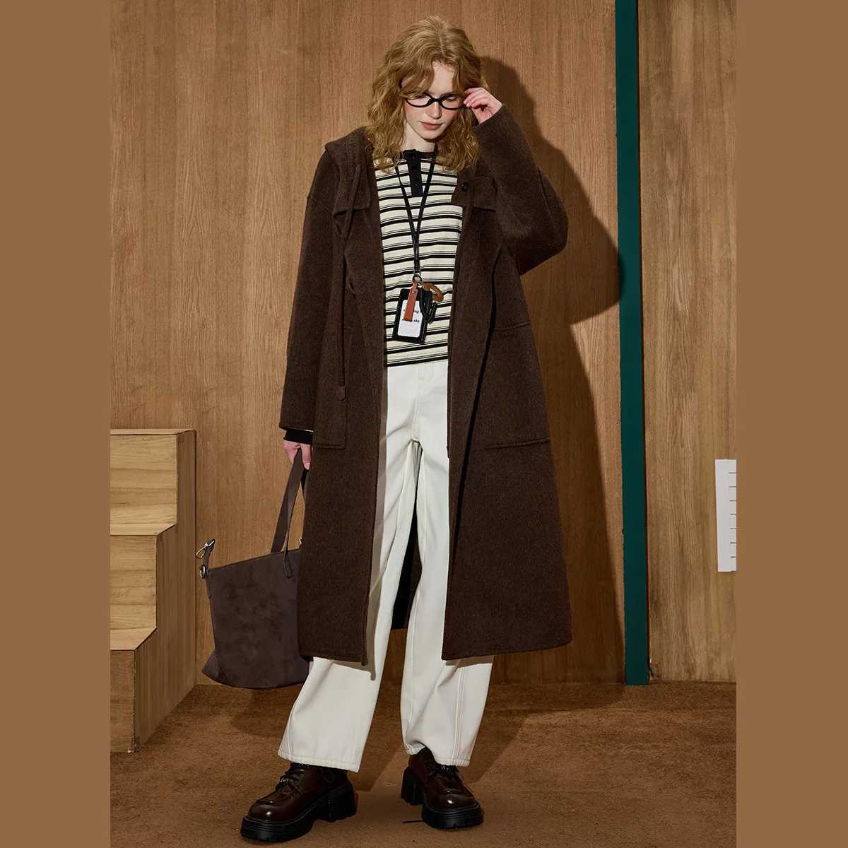 Womens Retro Maillard Color Wool Blend Hooded Coat Women Winter Mid Long Drawstring Trench Coat A Chic And Elegant Outerwear J251124