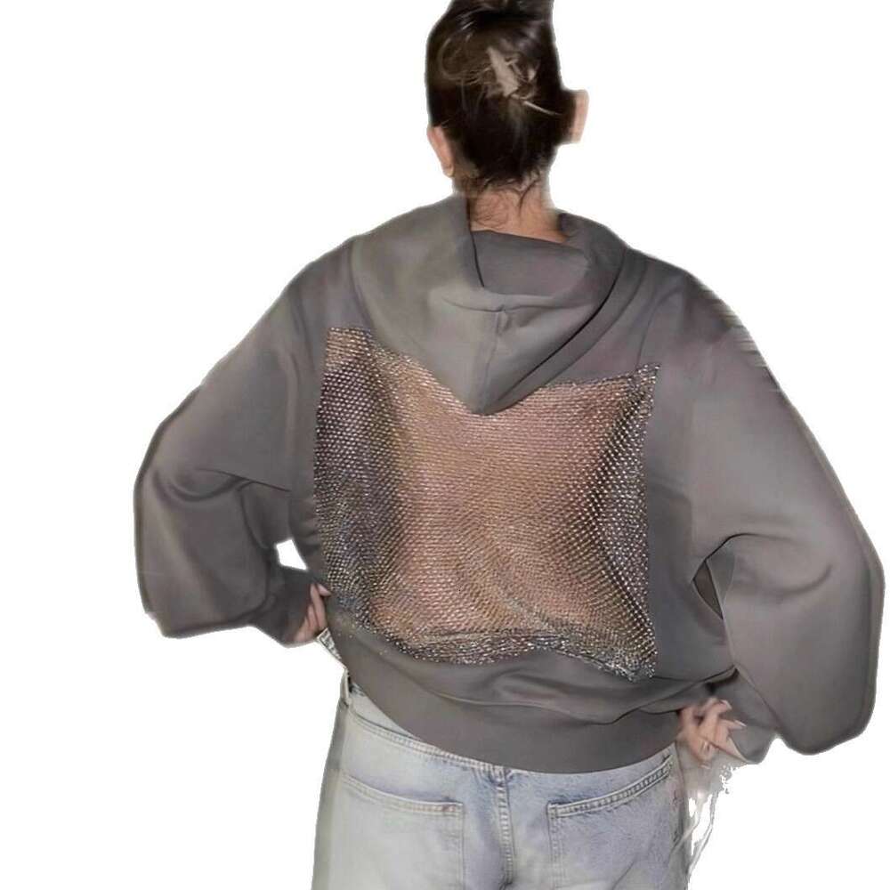2025 Autumn Winter New Fashion Women's Solid Color Backless Hollow Mesh Hoodie Sweatshirt