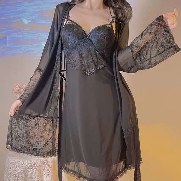 Lingerie Women Sheer Mesh Lace Slip Dress Chemise With Thong And Robe Set Sexy Sleepwear