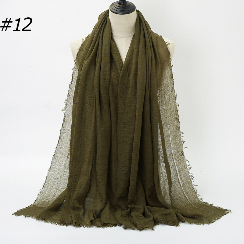 K496 Hot sale wrinkled solid color cotton headscarf factory source cotton and linen wrinkled fur edge ladies scarf BS414