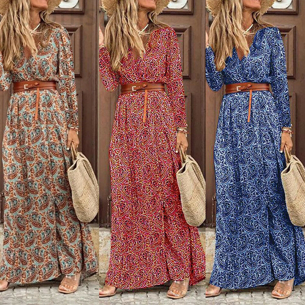 Autumn and winter long sleeve V-neck Bohemian Floral Dress