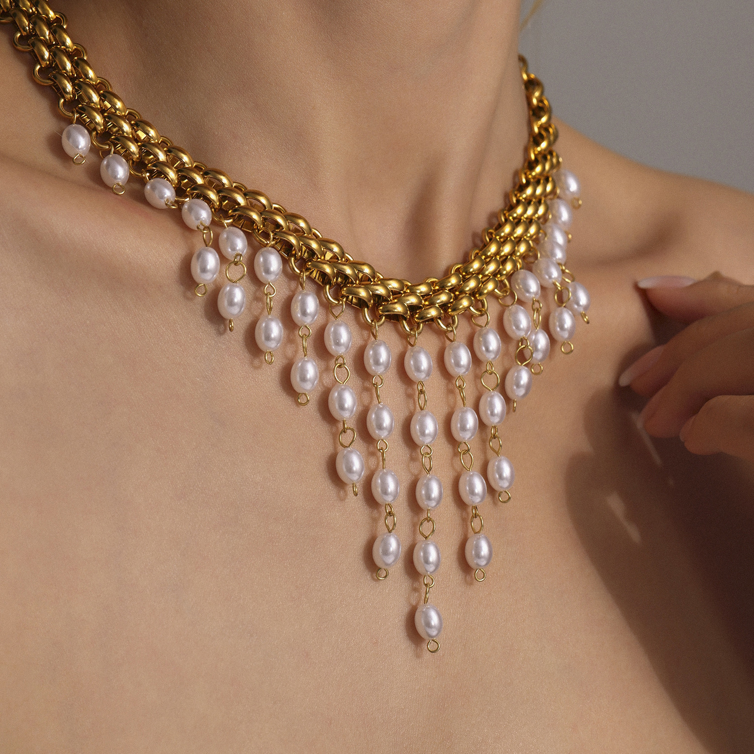 Designer necklace high quality pearl tassel short necklace golden stainless steel millennium punk style jewelry for girls gift