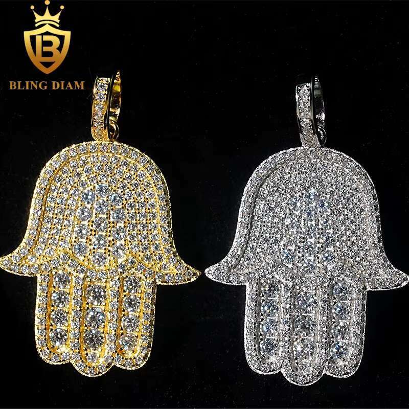 New Custom Hamsa Hand Pendant Hip Hop Jewelry Full Diamond VVS Moissanite 925 Silver Charm Pendant Pass Diamond Tester