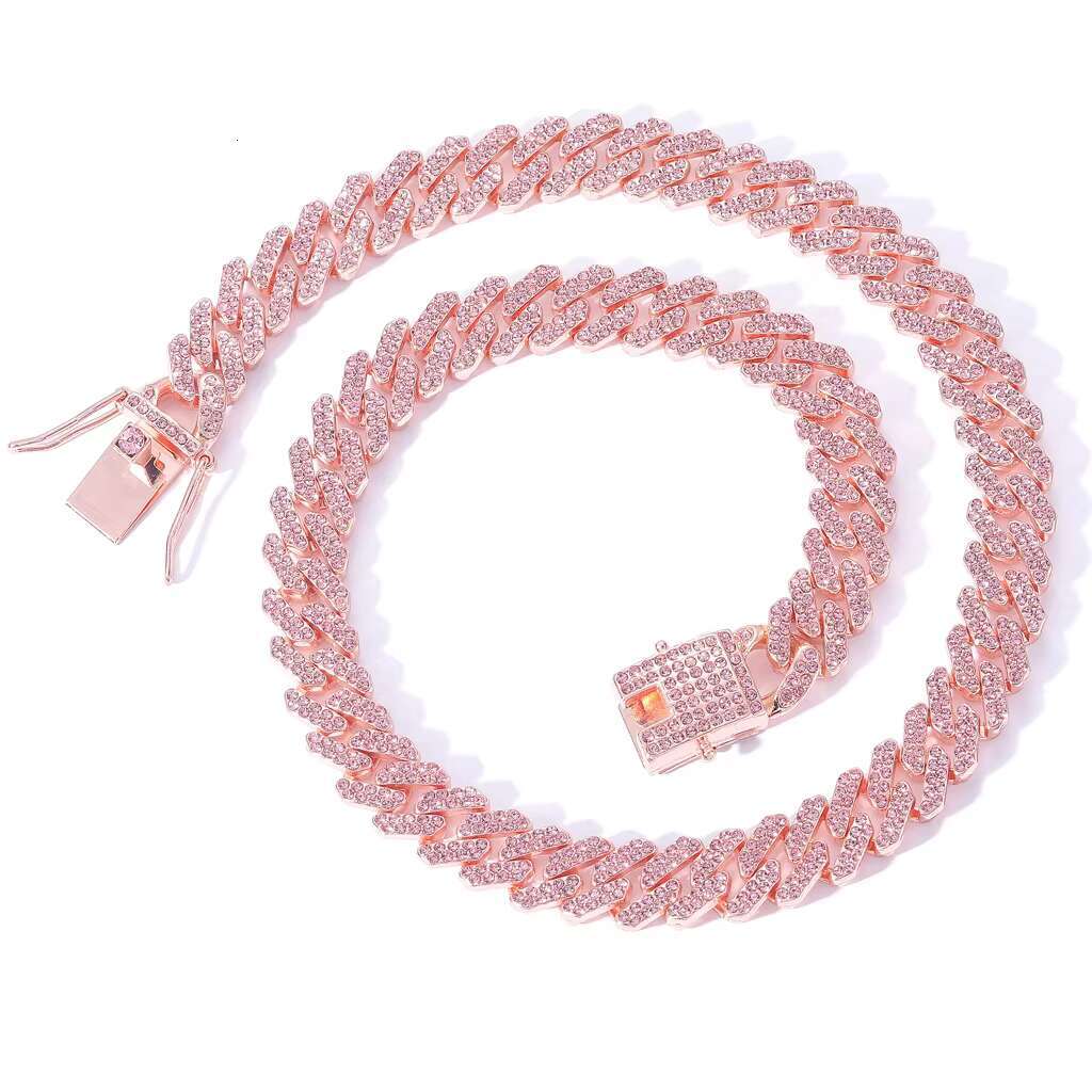 New Hiphop 12mm Pink Cuban Chain Gold Plated Iced Out Rhinestone Zinc Alloy Cuban Link Chain Necklace for Men Fashion Jewelry