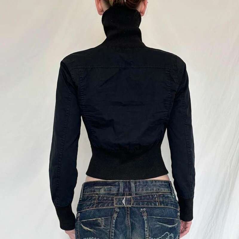 Designer Clothes CIBBAR Streetwear Black Zip Up Jacket Autumn Winter Turtleneck Full Sleeve Cropped Jackets For Women Y2k Vintage Ladies Outwear
