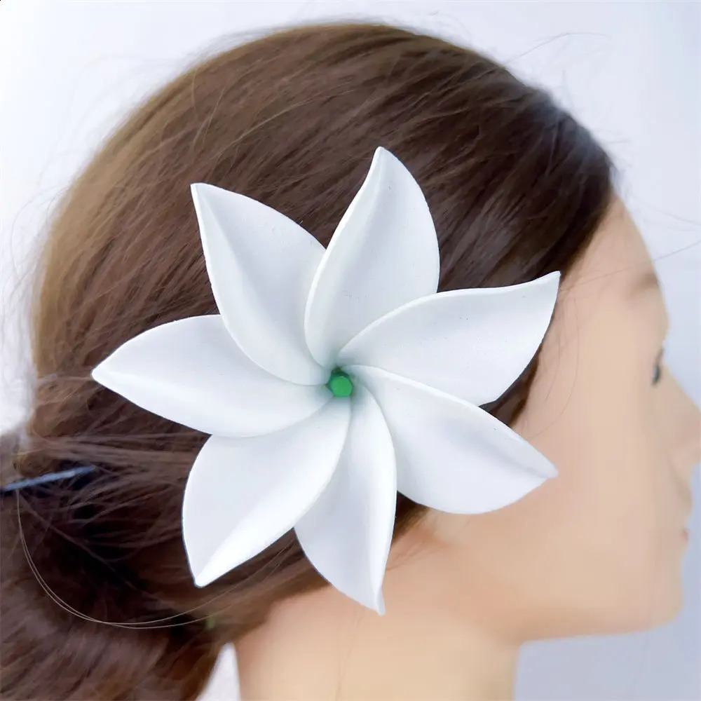 10pcs White 8cm Roll-edged 7-petal Foam Tiare Flower Hair Pick Tahiti Gardenia Ear Flower Hula Wedding Party Hair Accessories 250420