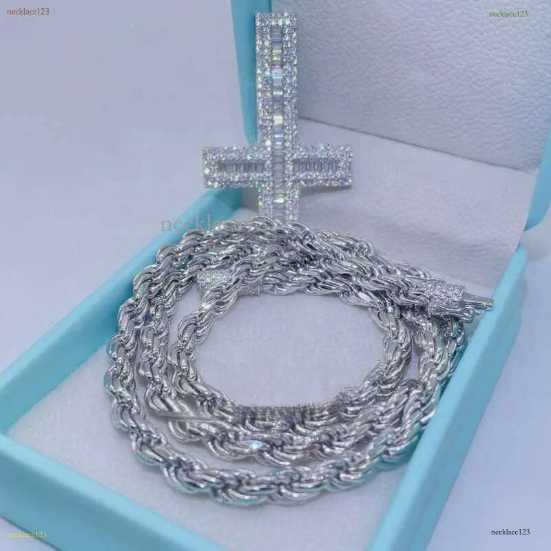 necklace moissanite chain Pendant Necklaces Whiote Gold Sier Vvs Moissanite Dia Iced Out Hip Hop Pass Tester Upside Down Cross