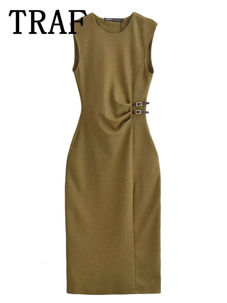 TRAF Woman Dress Sleeveless Ruched Long For Women 2025 Spring Midi Fitted Elegant Party Dresses