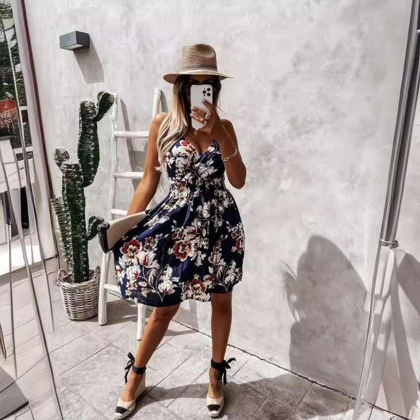 2024 new summer fashion V-neck floral suspender waist cinching dress for women