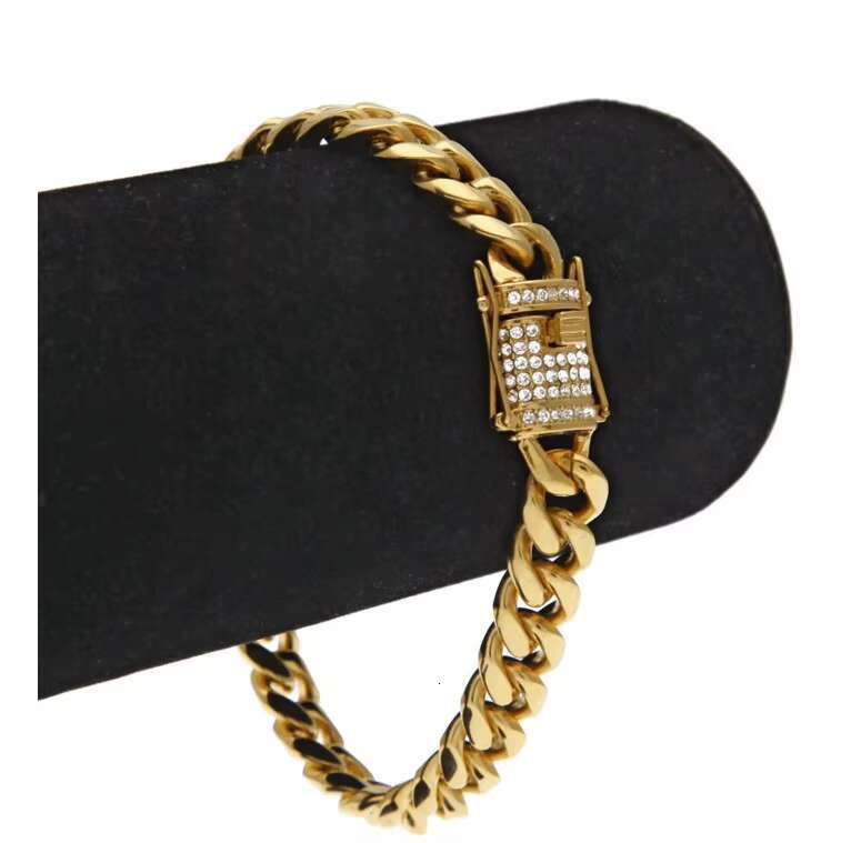 Hiphop Stainless Steel Gold Plated Link Hand Chain Bracelet for Men Cuban Chain with CZ Pave Lock for Wedding or Gift