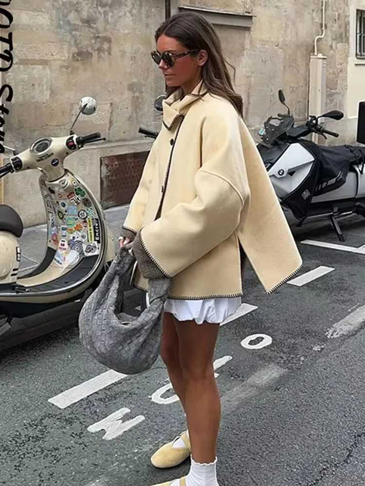 HH Elegant Womens Loose High Collar Woolen Jacket 2025 Autumn Winter Long Sleeve Wide Shoulder Office Lady Street Outwears J251124