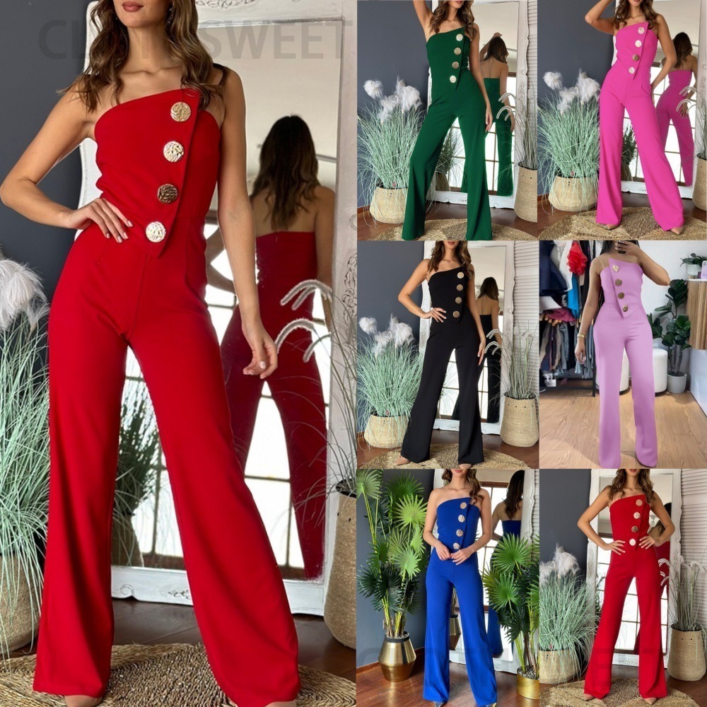 2024 summer sexy strapless button decoration micro flared jumpsuit womens clothing